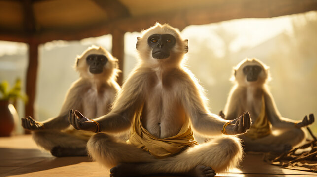 Monkeys doing yoga pose in orange and white coats in nature and in wooden buildings