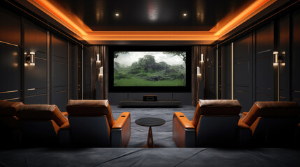 Interior of a cozy home cinema room, designed for movie enthusiasts. - obrazy, fototapety, plakaty