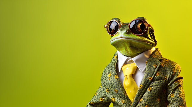 Stylish Frog in Suit and Glasses, Fashionable Anthropomorphic Animal Art, Dapper Frog Portrait, Quirky Green Amphibian with Trendy Outfit, Funny Hipster Frog Photography, Elegant Frog with Tie