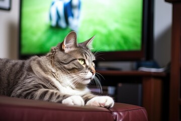 cat lounging in front of a tv airing a sporting event