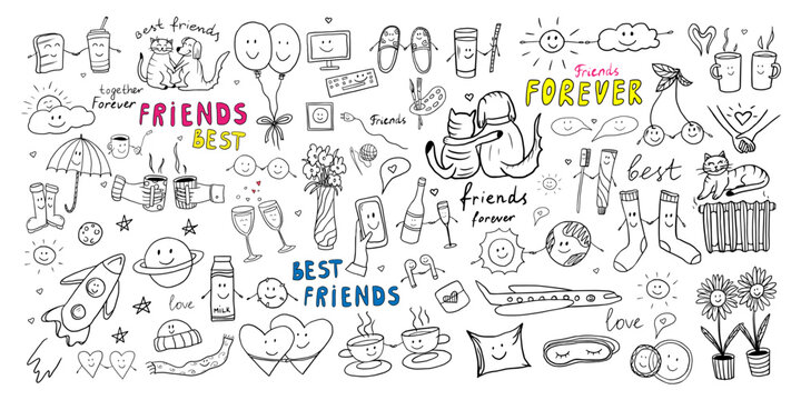 Cute set of friendship clipart in doodle style. Big collection with quotes, hearts, sweet, drinks, cats, dogs, sun, space, cups, party decoration. Hand drawn icons