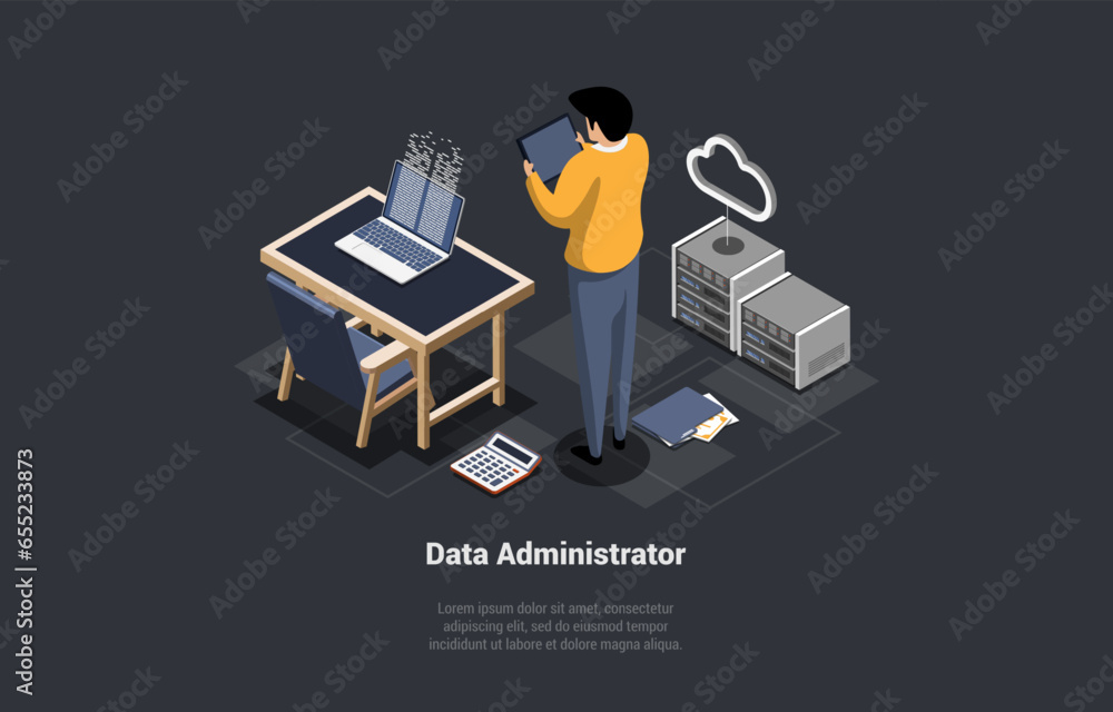 Aufkleber system administrator upkeeping server, adjusting network. sysadmin working in office or storage room