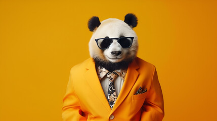 A panda dressed up in a cool jacket and tie. Rocking glasses for that extra flair. Posing on against yellow  backdrop, . Space on the right for your message , best for marketing and advertise