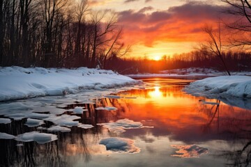 winter solstice sunset reflecting on icy river - obrazy, fototapety, plakaty