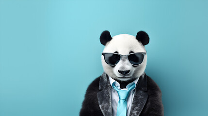 A panda dressed up in a cool jacket and tie. Rocking glasses for that extra flair. Posing on against blue  backdrop, . Space on the right for your message , best for marketing and advertise