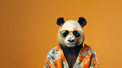 Panda in stylish clothes wearing jacket and sunglasses on yellow background  copy space 