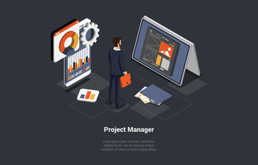 Concept Of New Startup Or Project. Software Engineer Man Project Manager Develop New Startup Idea. Project Management, Planning Organization Schedule. Productivity. Isometric 3d Vector Illustration