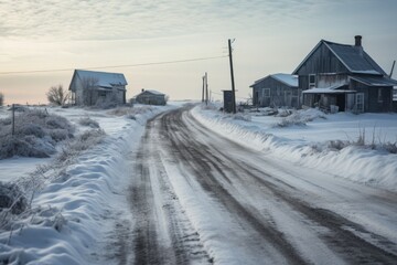 view of a snow-covered rural dirt road