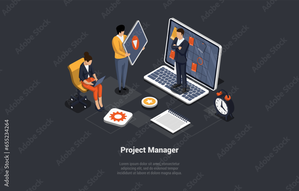 Poster concept of new startup or project. creative team developing or working on new startup idea. company 