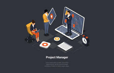 Concept Of New Startup Or Project. Creative Team Developing Or Working On New Startup Idea. Company Evolution With Teamwork And Effective Problem Solving. Isometric 3d Cartoon Vector Illustration