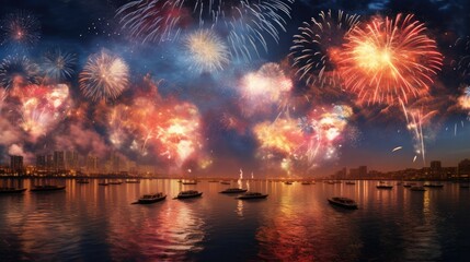 Brilliant fireworks exploding in the night sky.