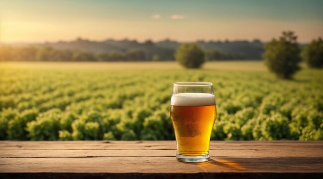 A glass of beer with hop on a wooden table for product advertising in front of a hop field. Generative AI.
