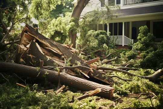 Damage from a storm: fallen tree in yard, cut into pieces. Generative AI