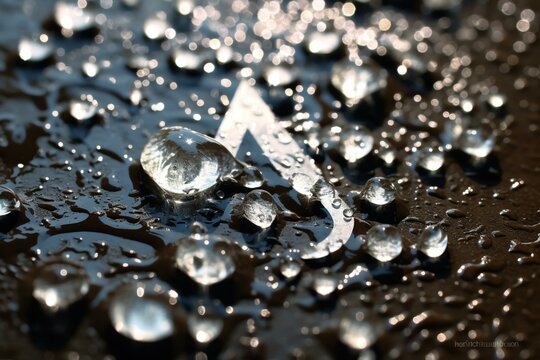 Artistic depiction of 'water' word with droplets scattered on the ground. Generative AI