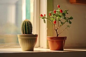 tiny chili plant in a pot next to a cactus on a kitchen windowsill