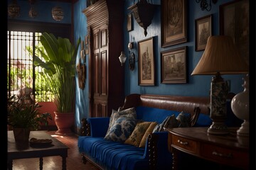 interios design of a living room elegant and bold design 1950s mexico colonialLeica M photorealistic cinematic lighting brown and blue 