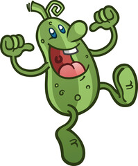 Silly retro style pickle cartoon mascot character with a goofy look on his face tossing two thumbs up and pointing at himself confidently