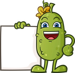 Adorable cute pickle cartoon character with a yellow flower bow holding a blank advertisement sign with a big toothy smile