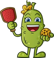 Adorable cute pickle cartoon character with a yellow flower bow holding a pickleball paddle and ball ready to play a happy joyful match