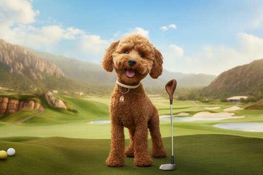 A caramel poodle golfing in a scenic landscape with hills. Generative AI