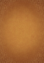 Yellow textured paper with vignette of darker color and golden hand-drawn pattern with splatters of golden glitter. Copy space. Digital artwork, A4. (pattern: p10-2f)