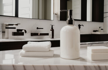 Obraz na płótnie Canvas A blank Mockup of a hand wash bottle on a marble in the luxurious bathroom . Generative AI