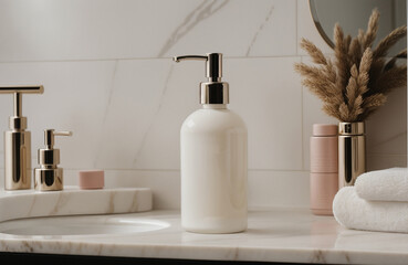 A blank Mockup of a hand wash bottle on a marble in the luxurious bathroom . Generative AI