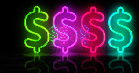 Dollar money symbol neon light 3d illustration