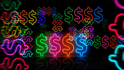 Dollar money symbol neon light 3d illustration