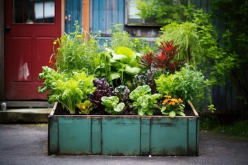 Fototapeta na wymiar urban gardening box filled with growing vegetables