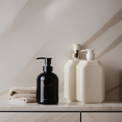 A blank Mockup of a hand wash bottle on a marble in the luxurious bathroom . Generative AI