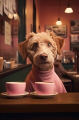 jack Russell terrier puppy 
sitting at a table in a caffe