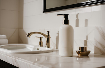 A blank Mockup of a hand wash bottle on a marble in the luxurious bathroom . Generative AI