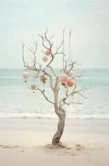 A tree on the beach decorated with New Year's balls.