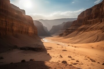 Vast canyon with extended sand line in desert. Abundant light illuminates the canyon. Generative AI
