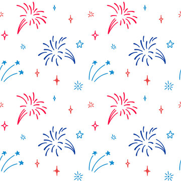 4th of July USA Independence Day doodle seamless pattern. America flag blue, red and white colors. 14th of July Happy National day of France firework design