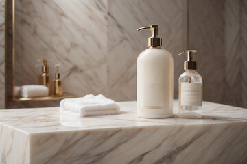 A blank Mockup of a hand wash bottle on a marble in the luxurious bathroom . Generative AI - obrazy, fototapety, plakaty