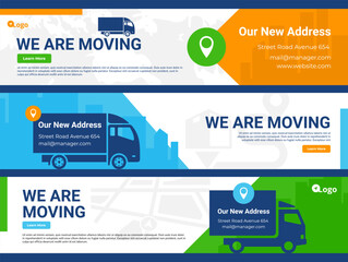 We are moving new address information landing page with truck and map pin set vector flat