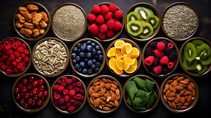 Lots of good foods in one place. Bright fruits, tasty berries, and handfuls of nuts and seeds. Selection of healthy food. Superfoods, various fruits and assorted berries, nuts and seed