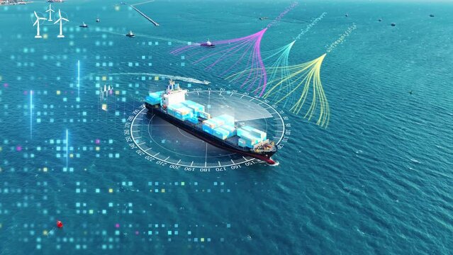 artificial intelligence container Ship, Data science and big data technology for transportation logistics shipping tracker. Scientist computing, analysing and visualizing complex data tracking. big da