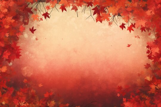 Red holiday wallpaper adorned with autumn leaves gently falling. A picturesque natural banner to accommodate any message. Generative AI