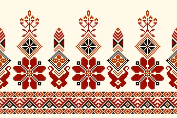 Fotobehang Boho flower embroidery on cream background. ikat and cross stitch geometric seamless pattern ethnic oriental traditional. Aztec style illustration design for carpet, wallpaper, clothing, wrapping, batik.