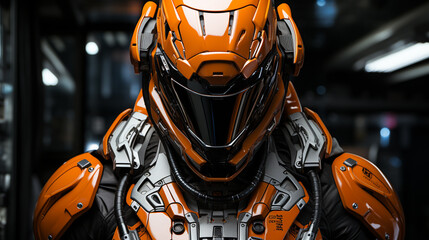 Fototapeta premium Futuristic Elegance: Neon Armor Portrait. Elegance meets futurism in this portrait featuring neon-lit armor, symbolizing the blend of style and technology. A striking futuristic vision.