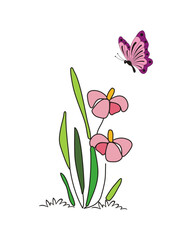 A vibrant vector illustration showcases colorful flowers, delicate leaves, and a graceful butterfly against a pristine white background. This artful composition captures the beauty of nature in detail