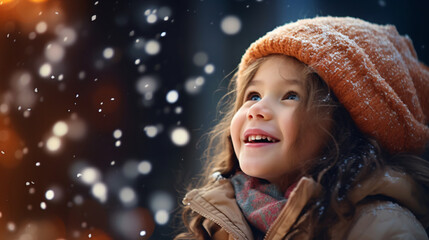 Little girl with christmas lights enjoying the holidays outdoors in snowfall. Happy cute child girl playing with Chistmas festive lights