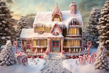 Enchanting candy house adorned with candy canes and snow, amidst a wintery wonderland. Generative AI
