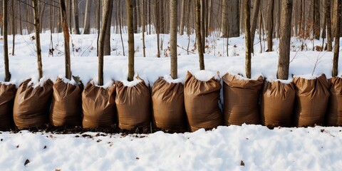 Wrapping the trunks of young trees in burlap to protect them from winter weathe, the ground covered in a mix of leaves and snow , concept of Plant winterization - obrazy, fototapety, plakaty