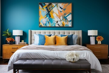 Modern bedroom with blue walls, turquoise bed, and wall art. Generative AI