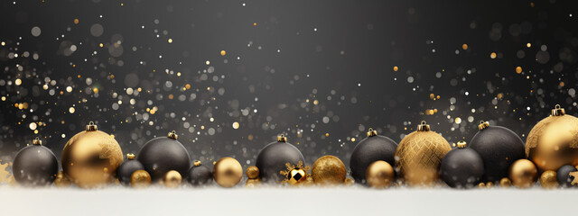 Merry Christmas and Happy New Year Holiday. Xmas design with realistic vector 3d objects, golden christmass ball, snowflake, glitter gold confetti. - obrazy, fototapety, plakaty