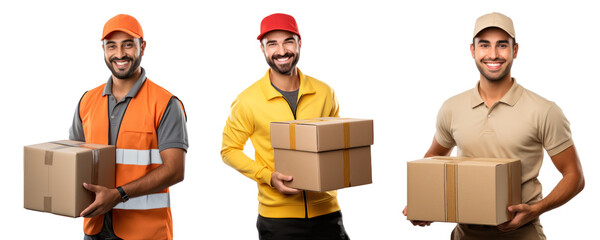 A smiling parcel delivery person, different versions, isolated - obrazy, fototapety, plakaty